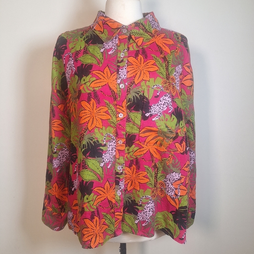 CC California Floral/Animal Print 100% Linen Hi/lo Button Front Size 1X